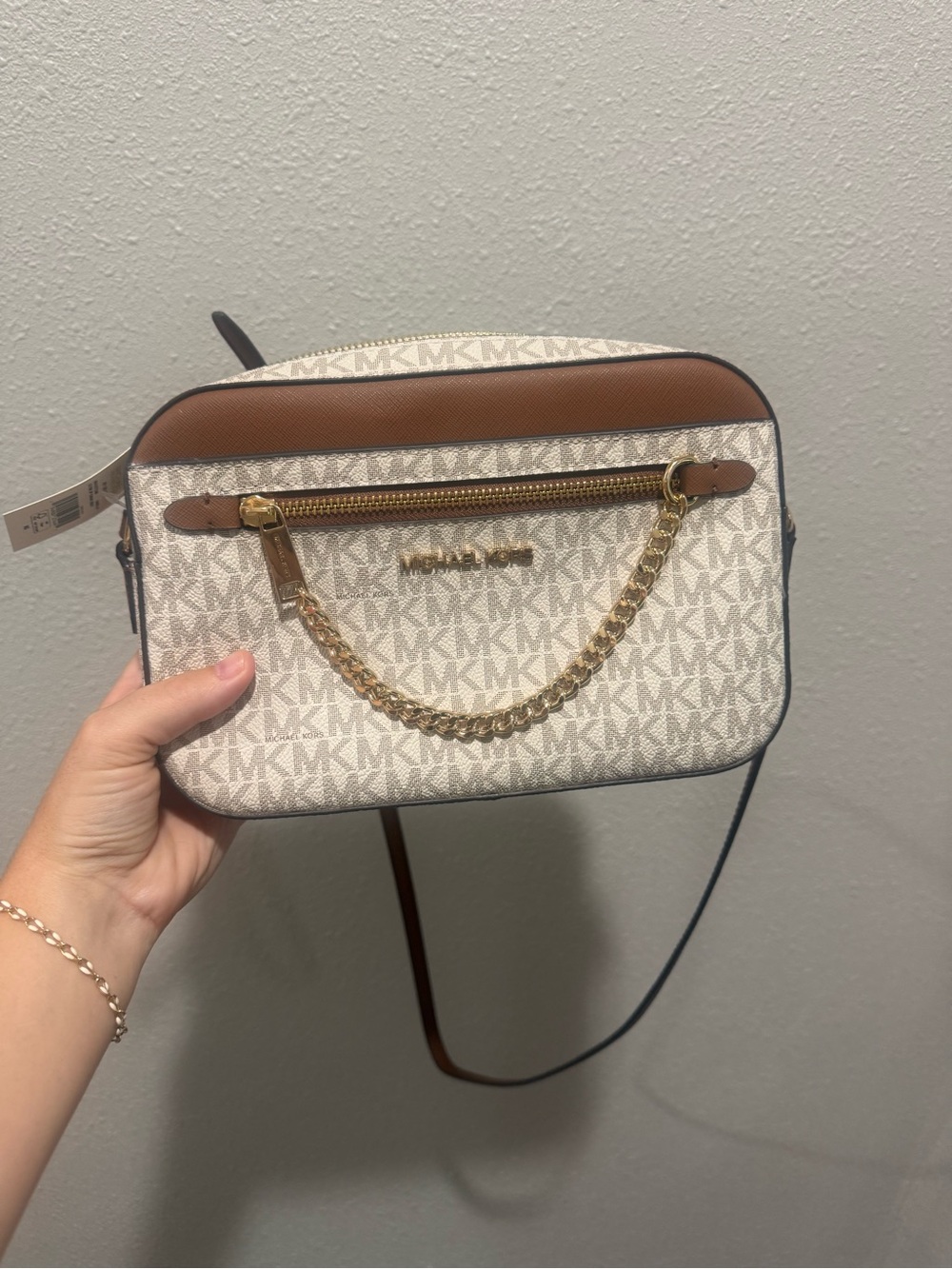 Michael Kors Vanilla Signature MK Logo Crossbody with Brown Trim & Gold Chain